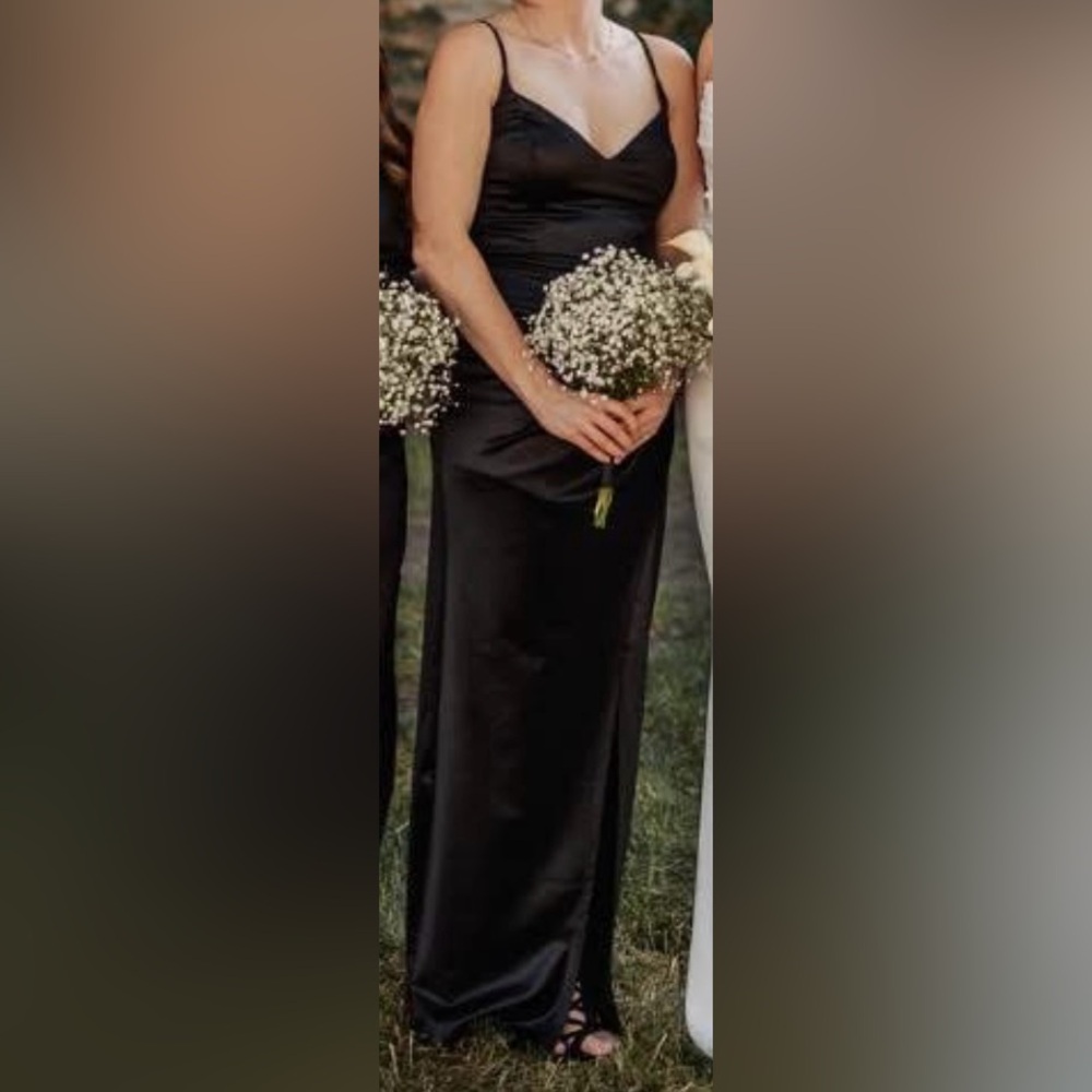 Black satin floor length dress with high slit